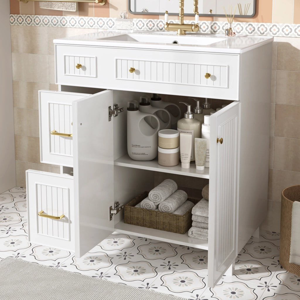 Mobile Bagno a Terra 81;7 cm con Lavabo in Ceramica; Cassetti e Anta; MDF; Bianco