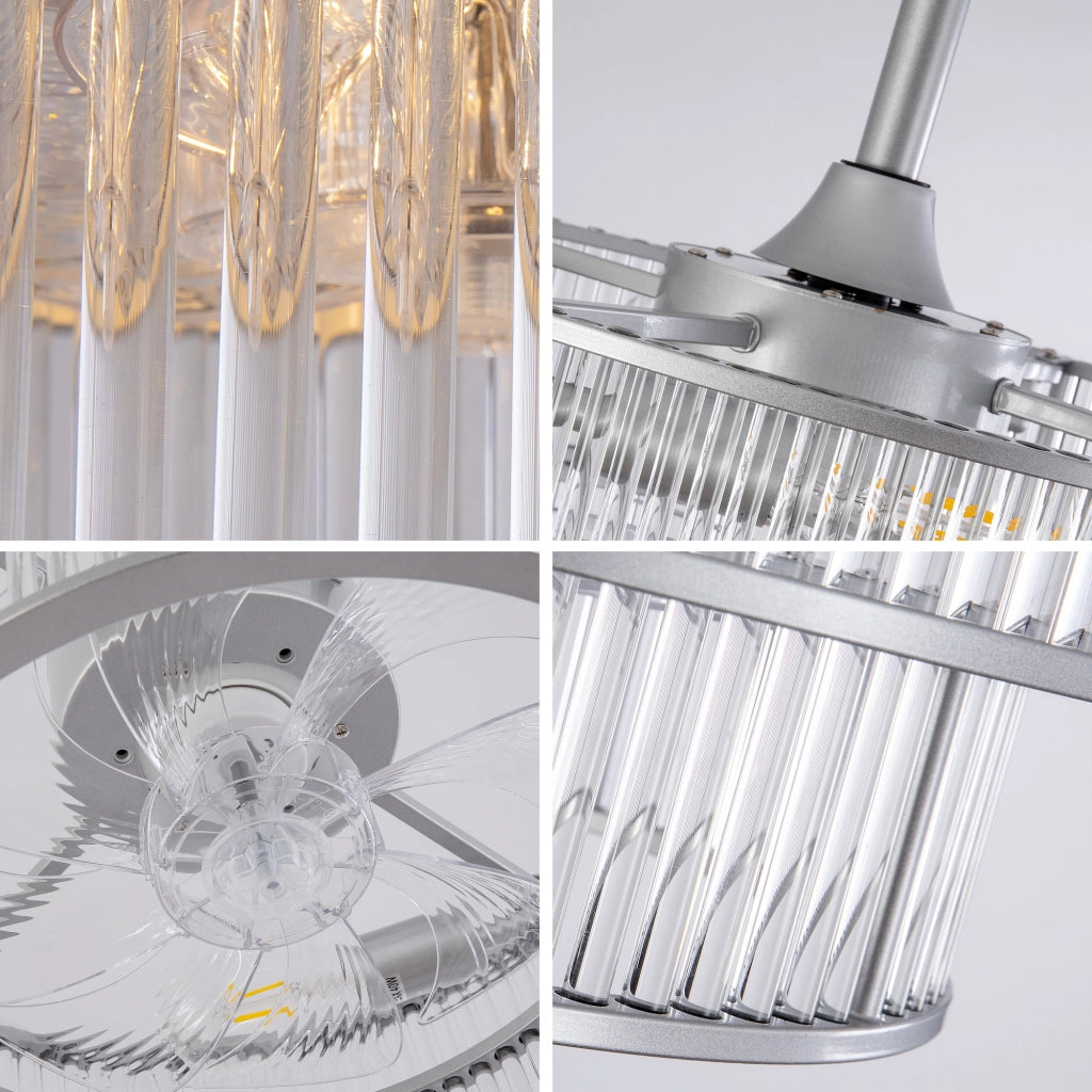 Ventilatore da soffitto con lampada, cristalli e 4 attacchi E26, argento, 53 × 53 × 30 cm, app e telecomando