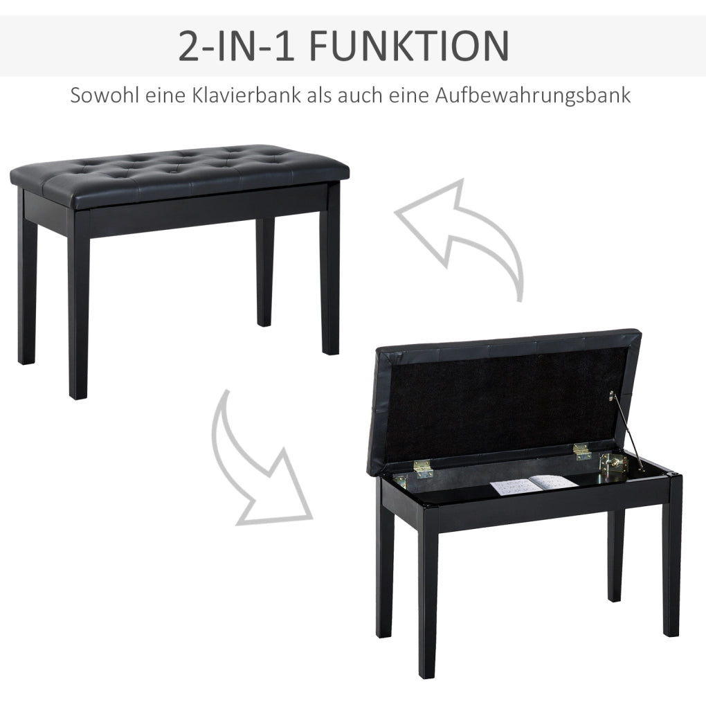 Panca per pianoforte stile tradizionale con vano contenitore, legno gomma e seduta in ecopelle nera 76x36x50 cm
