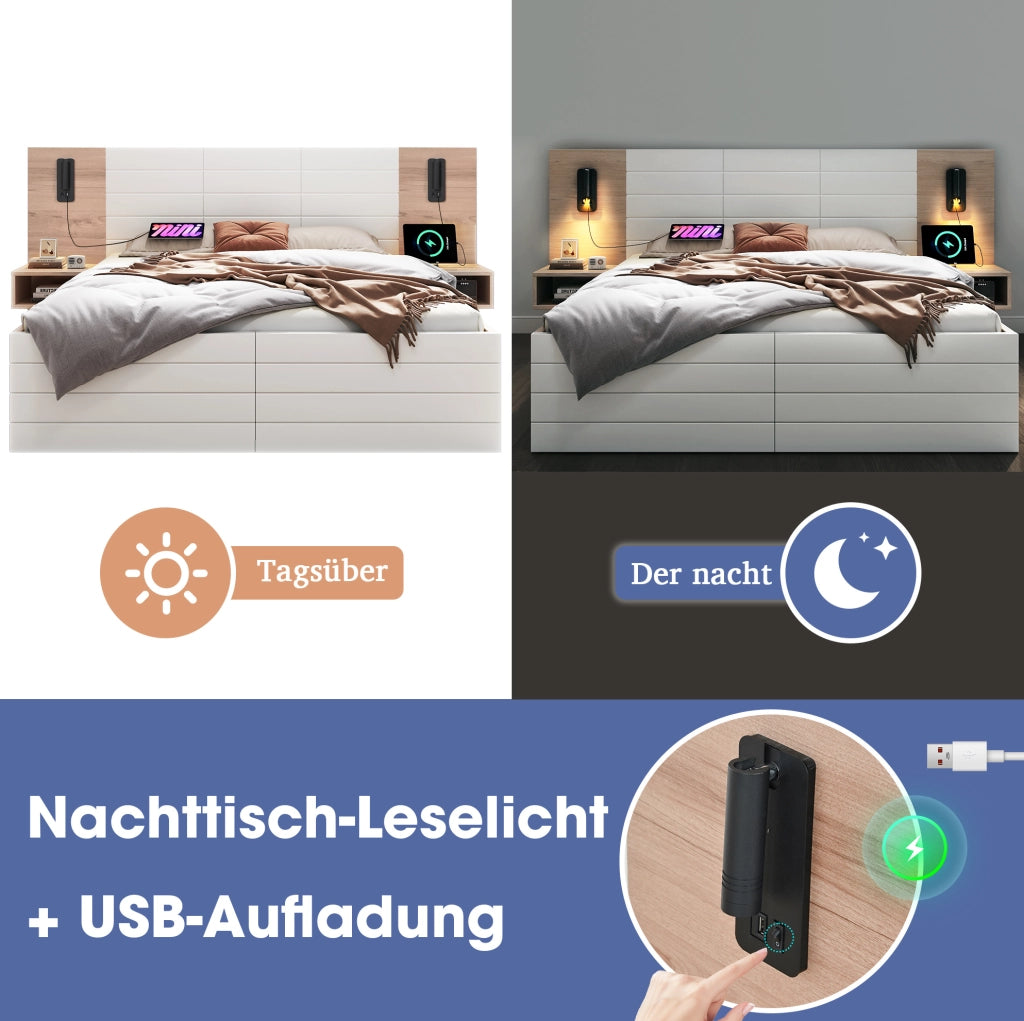 Letto matrimoniale 160 x 200 cm con cassetti, luce orientabile e USB