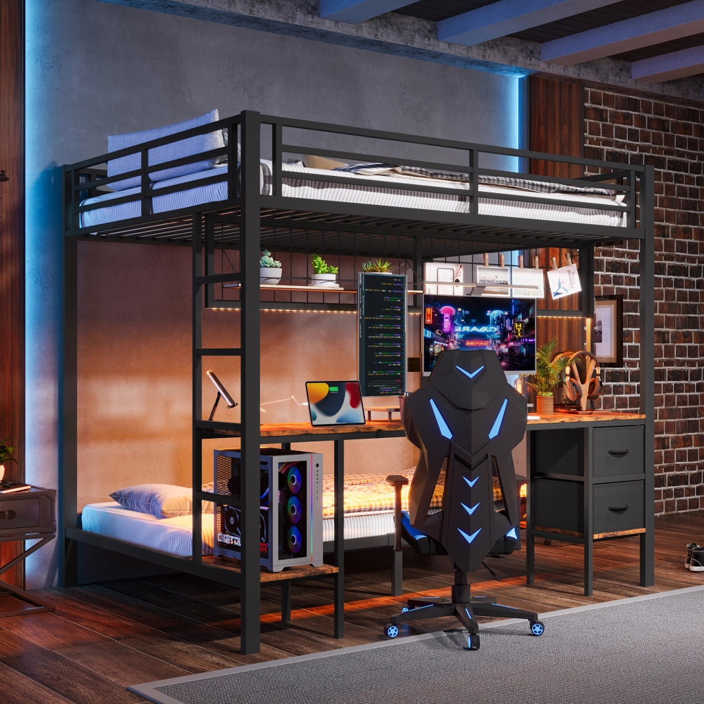 Letto a soppalco 140x200 cm con scrivania, cassetti, ripiani e LED USB, struttura in metallo nero