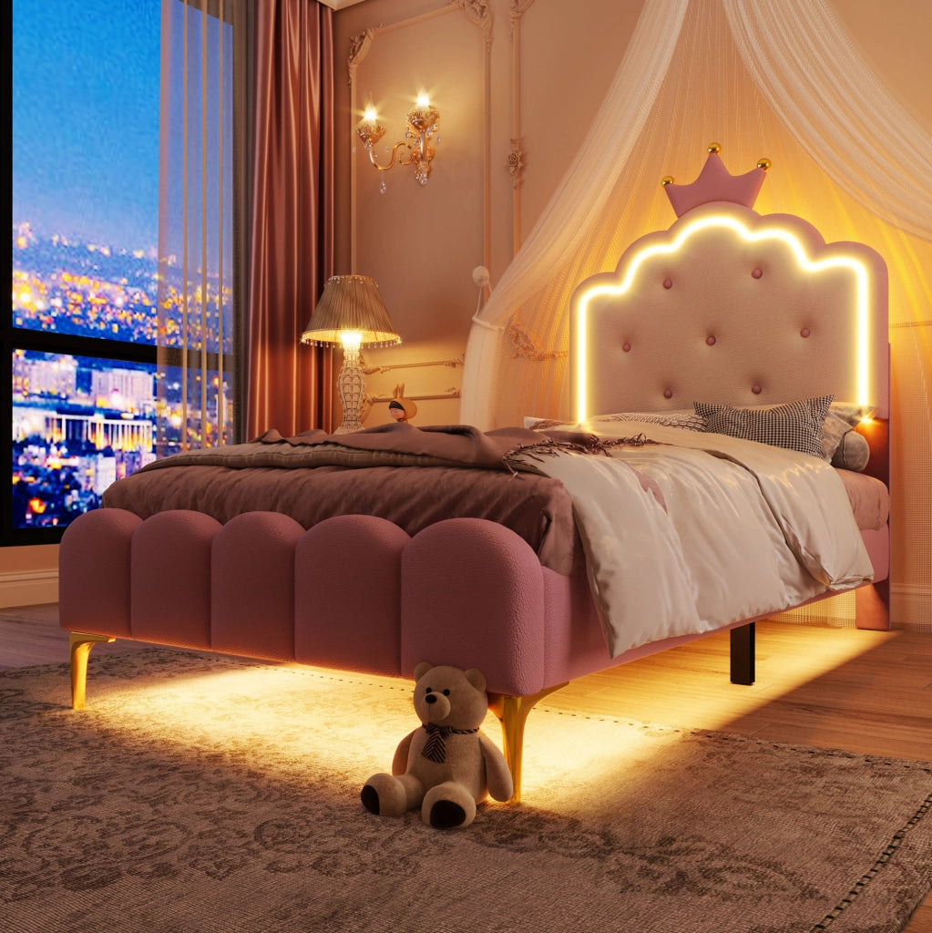 LETTO Principessa 90x200 cm in PU Rosa con luci LED