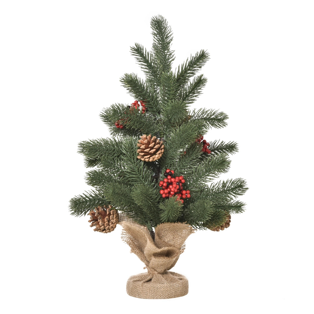 Albero di Natale artificiale verde 50 cm con 55 rami, bacche rosse e pigne, base in cemento Ø28 × 50 cm