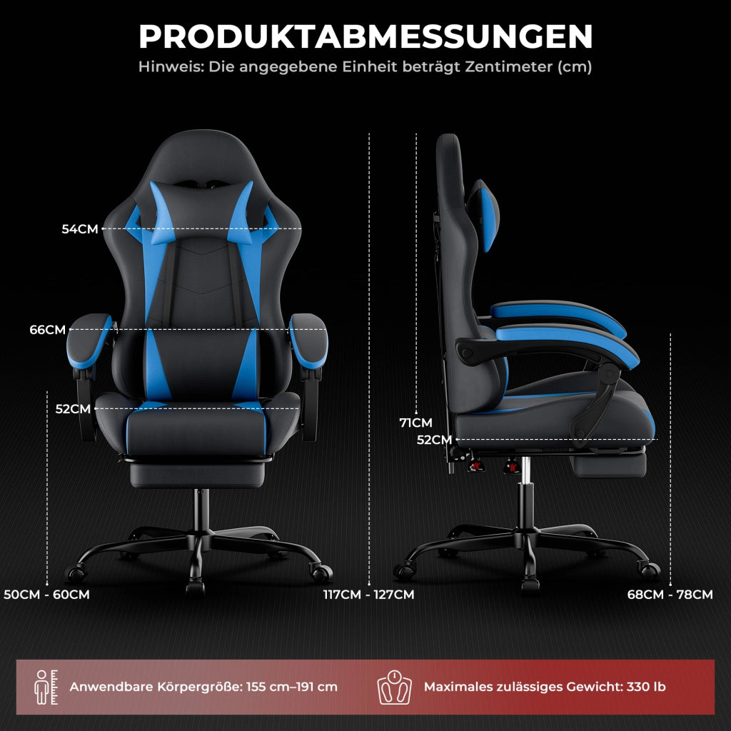 Sedia da gioco ergonomica con poggiatesta; supporto lombare e poggiapiedi; nera e blu