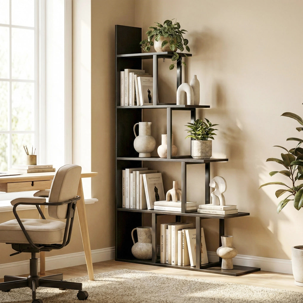 Scaffale libreria a scala 5 ripiani divisorio per ambienti stile industriale robusto e moderno per casa nero 102 x 30 x 160 cm