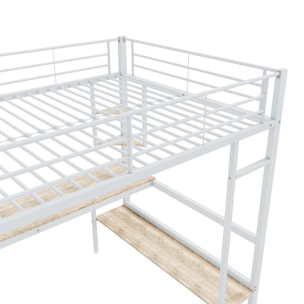 Letto a soppalco 90 × 200 cm con scrivania e cinque ripiani in metallo e MDF bianco con scala e rete a doghe