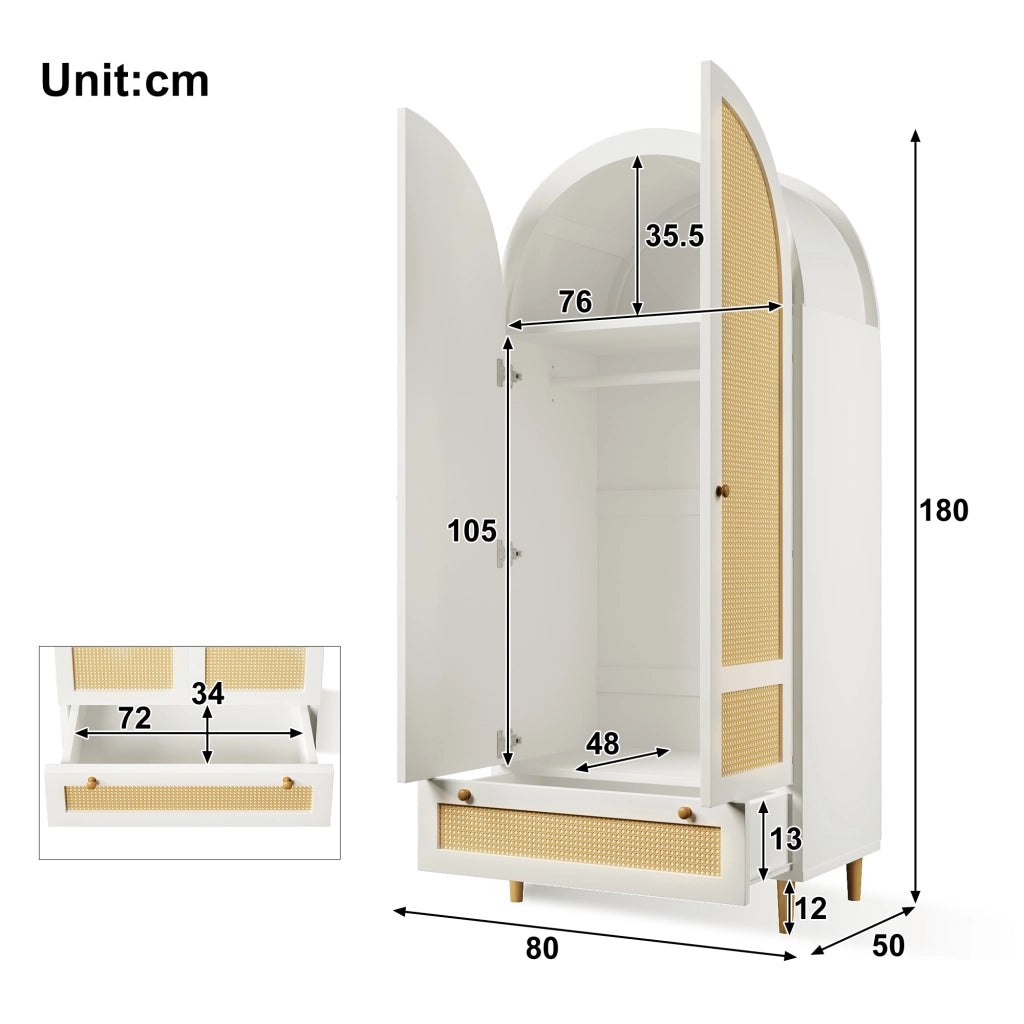Armadio Bianco 80x50x180 cm in MDF con Design ad Arco; Bastone Appendiabiti e Cassetto per Camera da Letto
