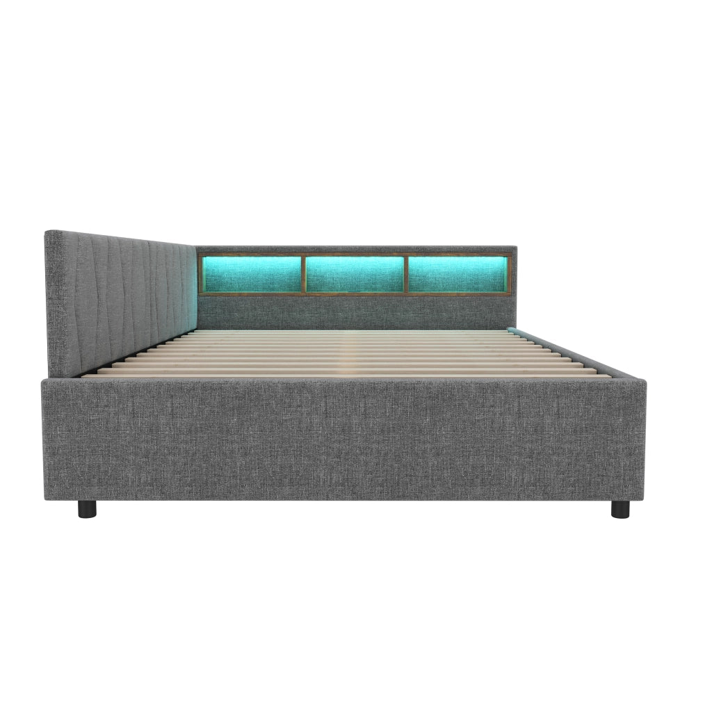 Letto 140x200 cm con LED, USB e USB-C, 2 cassetti, in lino e MDF grigio