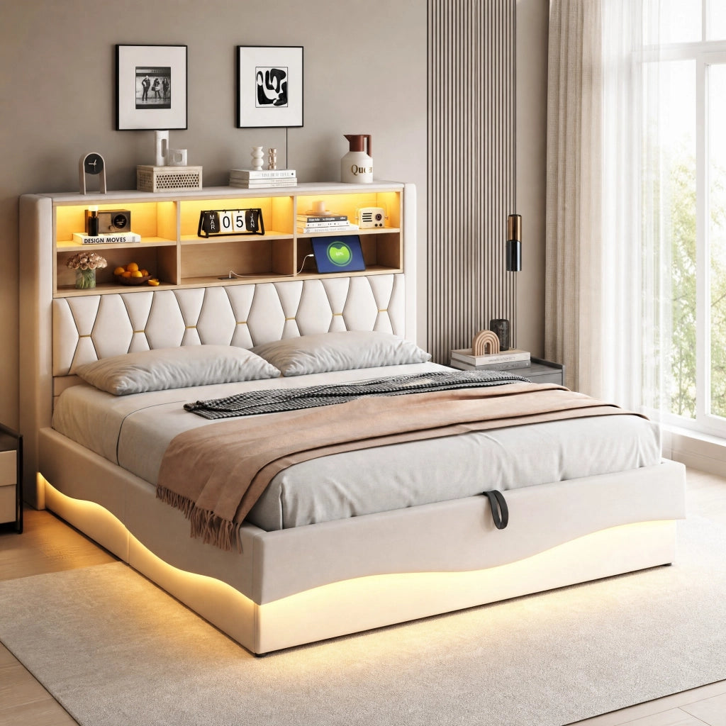 Letto imbottito 180x200 cm con contenitore idraulico, LED e USB in lino beige