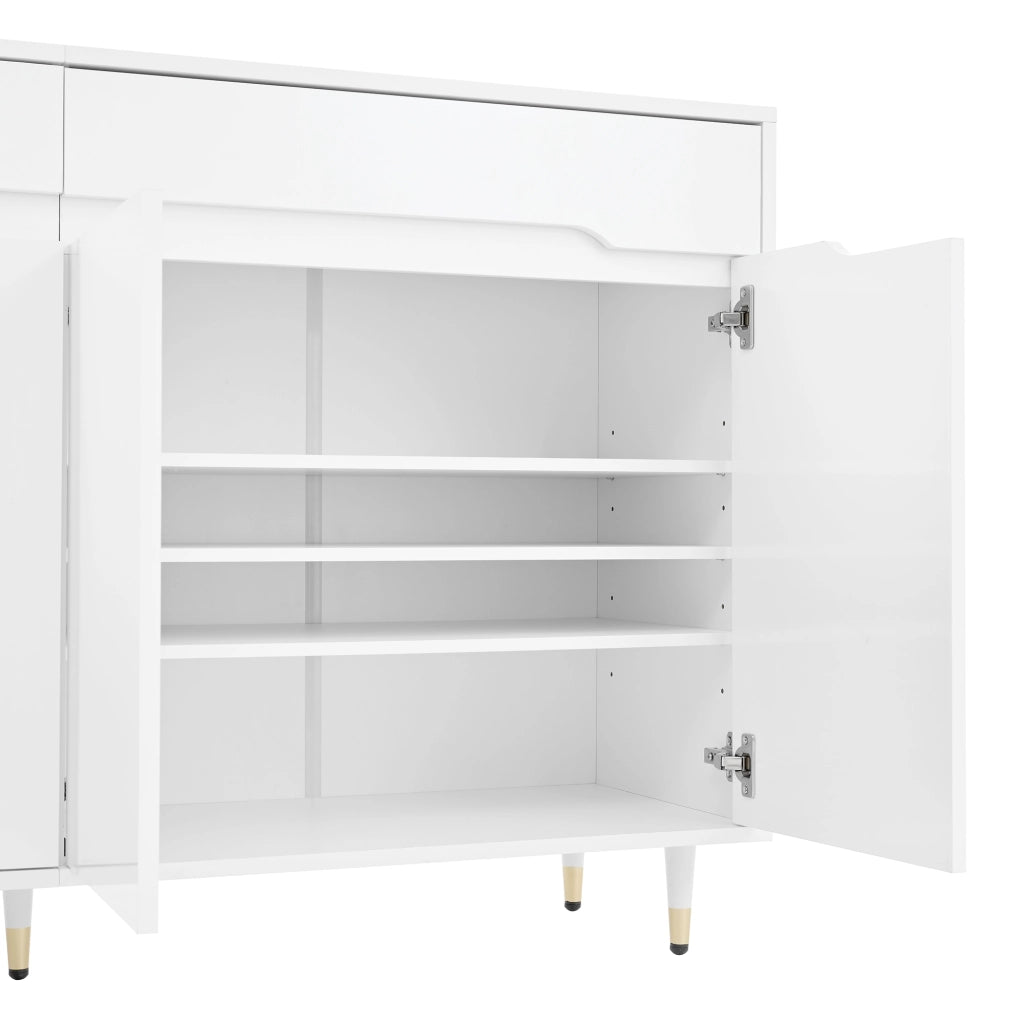 Mobile Scarpiera con 2 Ante e 2 Cassetti; Ripiani Regolabili; Piedini Dorati; Stile Moderno; in Pannello Truciolare; Bianco; 140??39??84 cm