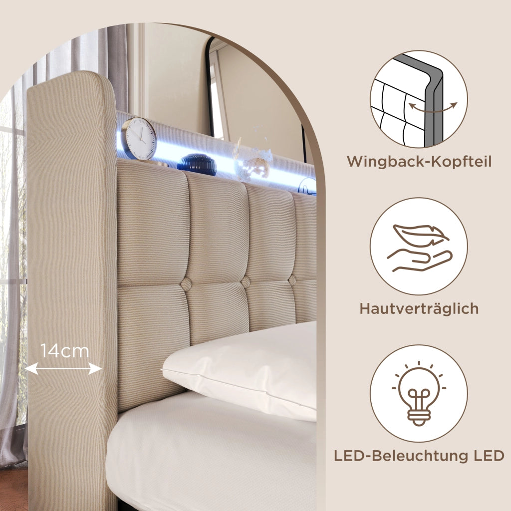 Desviae Letto Singolo 1 Posto con 2 Cassetti, USB, Prese e LED Regolabile 90 × 200 cm, Senza Materasso, Beige