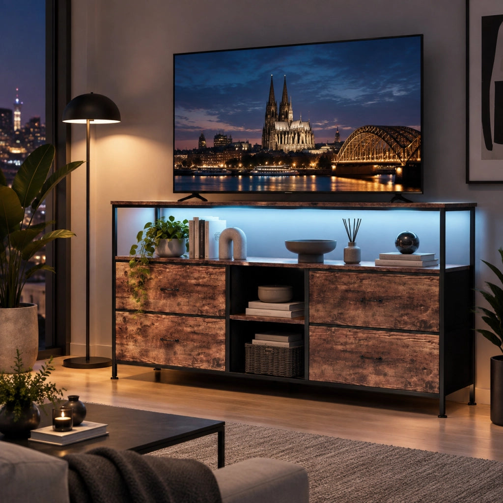 Mobile Porta TV 108x29x76 cm, Mobile Contenitore Soggiorno con 2 Ripiani e 4 Cassetti, Luci LED RGB per Soggiorno, Camera da Letto, Effetto Legno