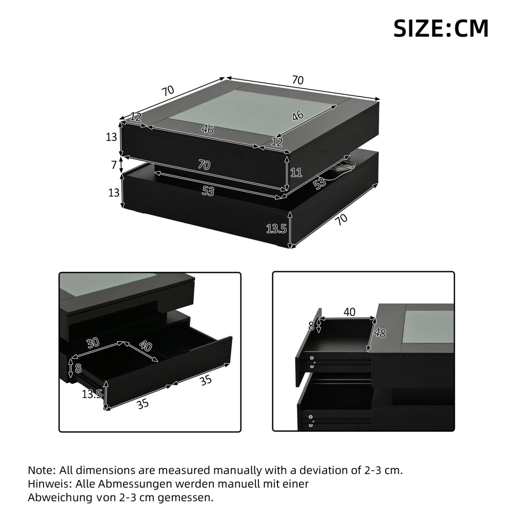 Tavolino basso quadrato con LED e 3 cassetti, piano in vetro temperato e finitura lucida nera 70 × 70 × 35 cm