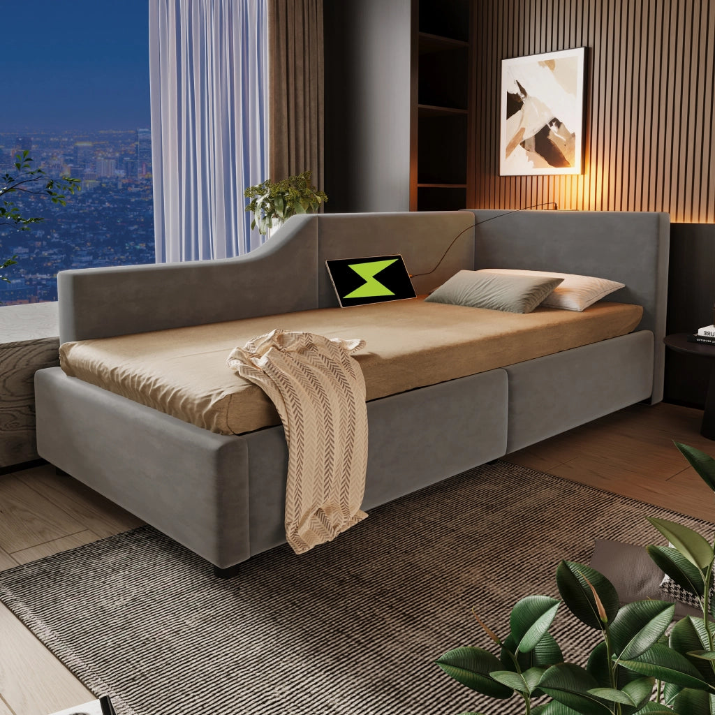 Letto contenitore 90 × 200 cm con rete a doghe idraulica rivestito in velluto grigio con luce da lettura USB-C