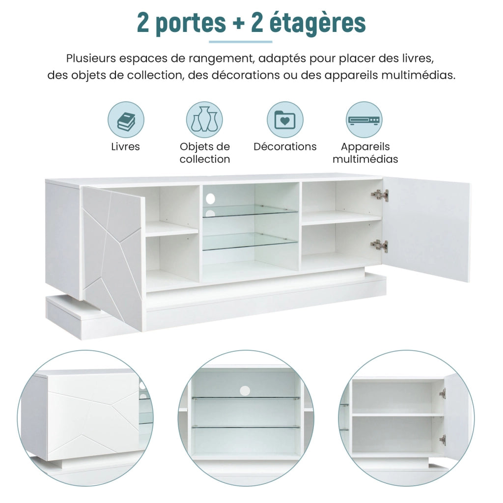Mobile TV con ripiano in vetro regolabile e 2 vani; per TV fino a 70 pollici; bianco 160 × 38.5 × 60 cm