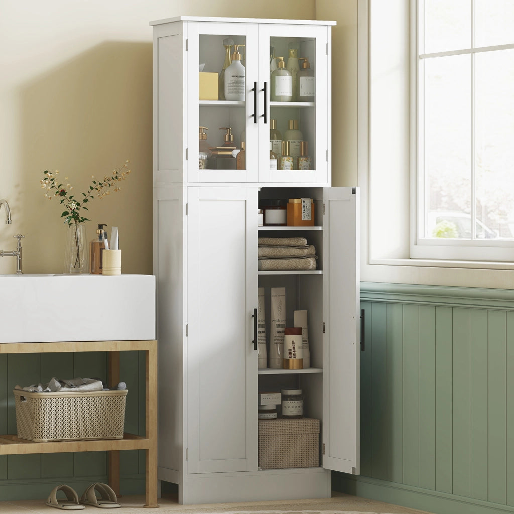 Mobile bagno alto con ante in vetro ¨C Xylo ¨C Bianco, legno, ripiani regolabili, 60x30x170 cm