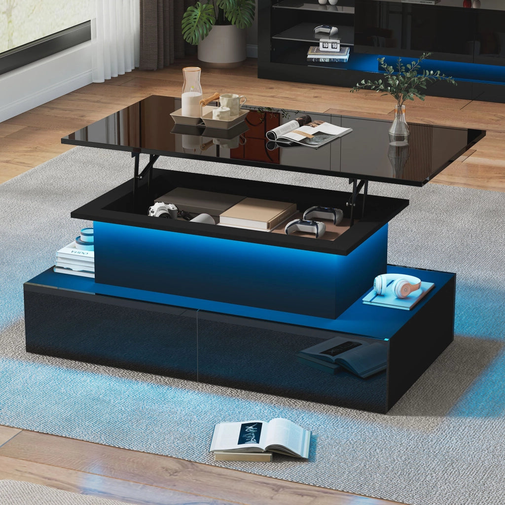 Tavolino da caffè con luci led nero lucido 4 cassetti 90x55x41 cm