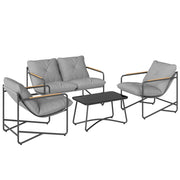 Set 4 Pezzi Salotto da Giardino con Divano 2 Posti e 2 Poltrone con Cuscini in Metallo e Texteline Grigio Chiaro