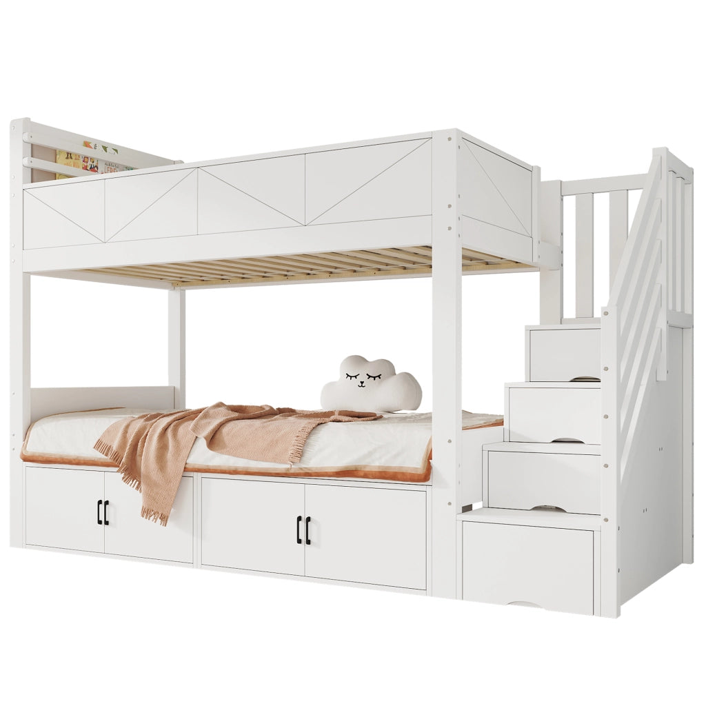 Letto a castello 90 × 200 cm 2 posti con scala contenitore, vani chiusi e ripiano libri, senza materasso, bianco
