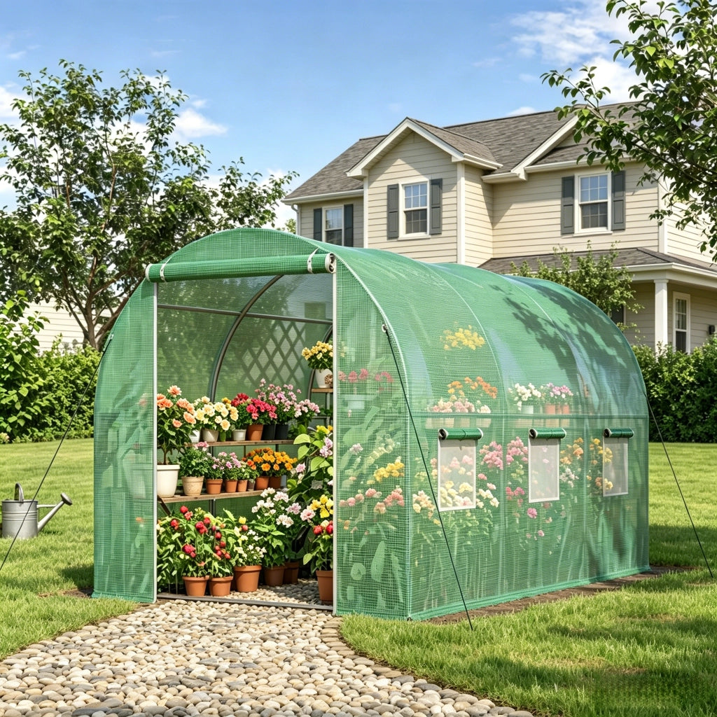 Serra da giardino a tunnel con telo in polietilene 140 g/m²; porta con zip e 6 finestre verde 2.98 × 1.96 × 1.98 m