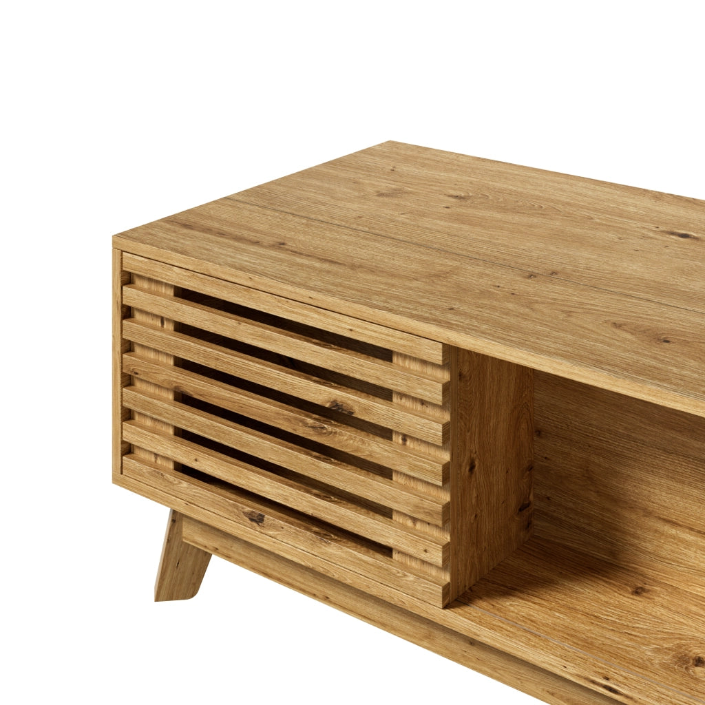 Tavolino basso alzabile con piano estensibile e anta scorrevole a lamelle in MDF naturale 90 × 55 × 57.5 cm