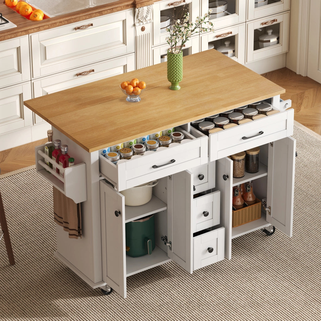 Isola cucina con piano di lavoro pieghevole 140 x 65 x 89 cm in MDF con 5 cassetti e ruote
