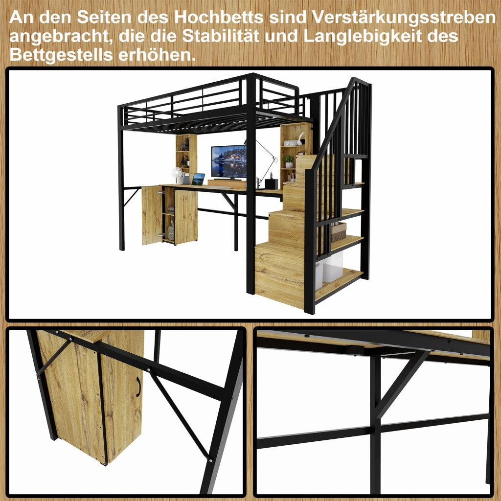 Letto a soppalco 90 × 200 cm in metallo e MDF nero con scrivania armadio scala contenitore e USB