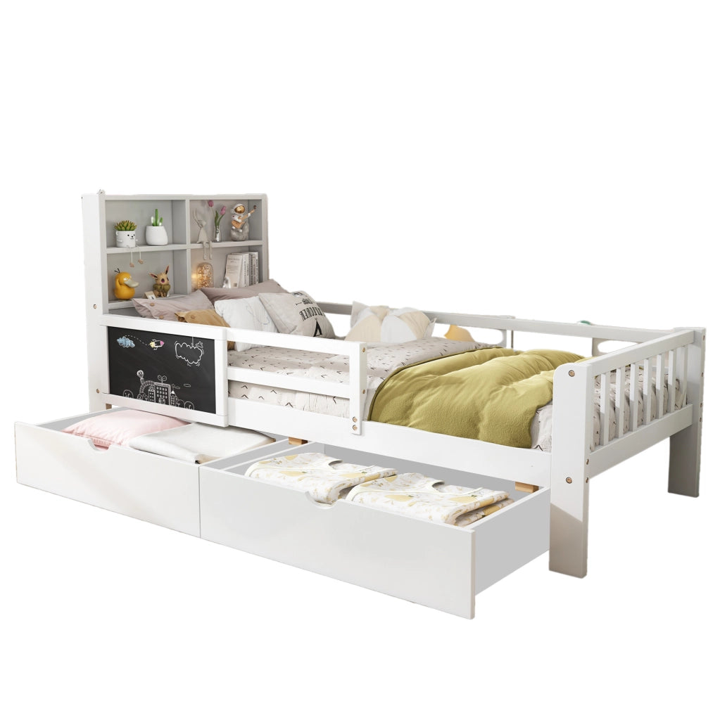 Letto bambini multifunzione in legno bianco 90x200 cm con cassetti e lavagna, senza materasso