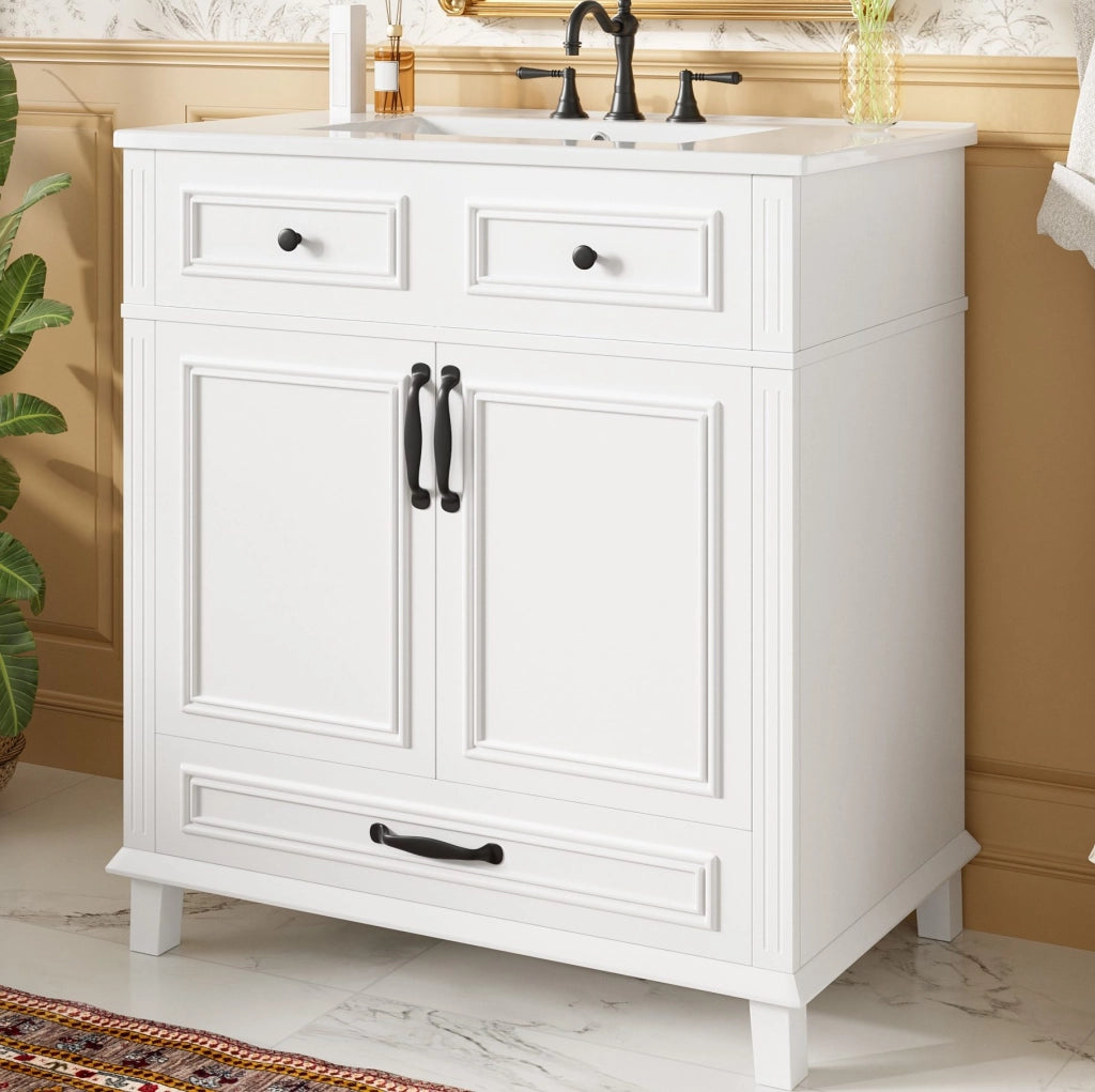 Mobile da bagno bianco, 77x46x86 cm con lavabo in ceramica integrato e 9 scomparti