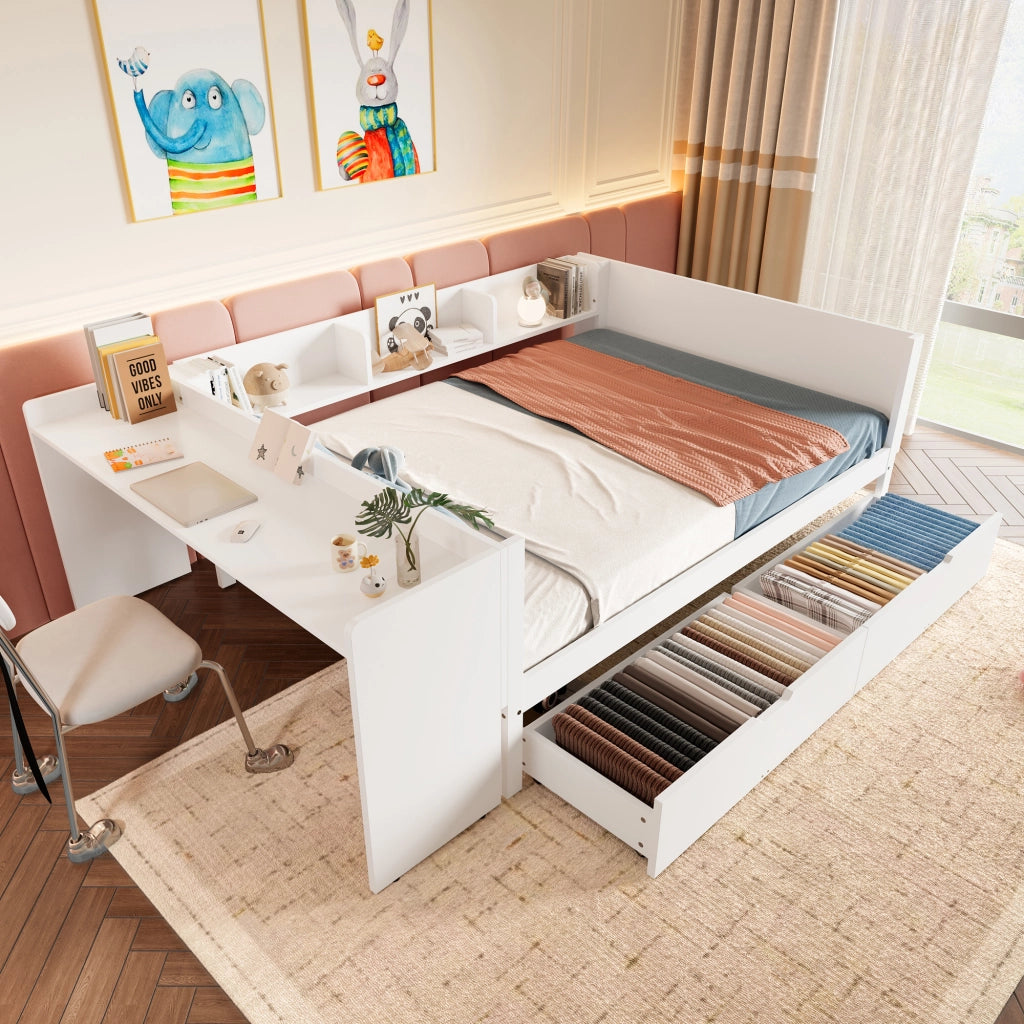 Letto con cassetti 140 × 200 cm con scrivania; 2 cassetti e 3 ripiani in legno di pino bianco senza materasso