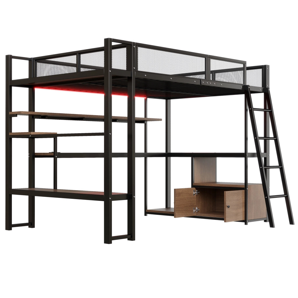Letto a soppalco 140x200 con scrivania integrata; luci LED; struttura in metallo nero e vani contenitore