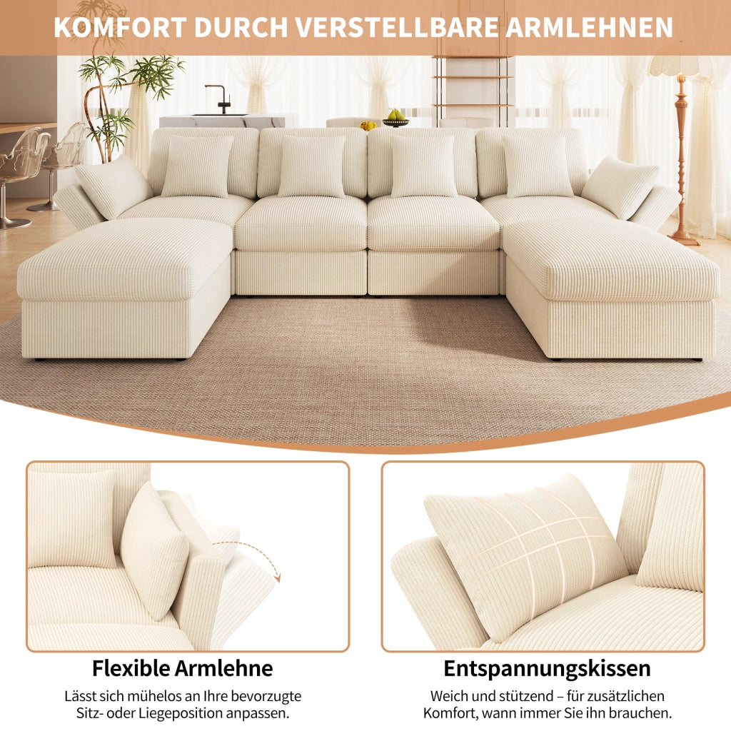 Divano modulare 4–6 posti con braccioli regolabili e 2 pouf mobili in velluto a coste beige 290 × 159,5 × 89 cm