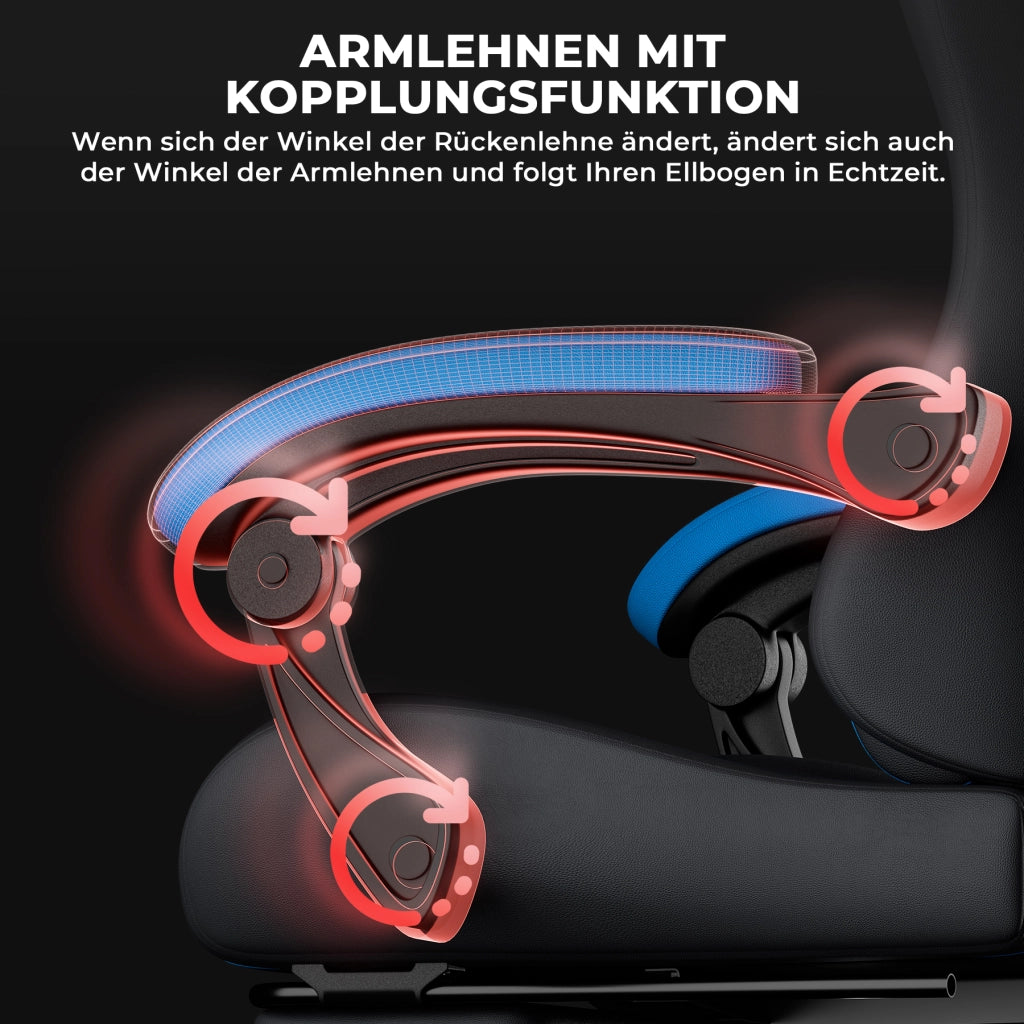 Sedia da gioco ergonomica con poggiatesta; supporto lombare e poggiapiedi; nera e blu