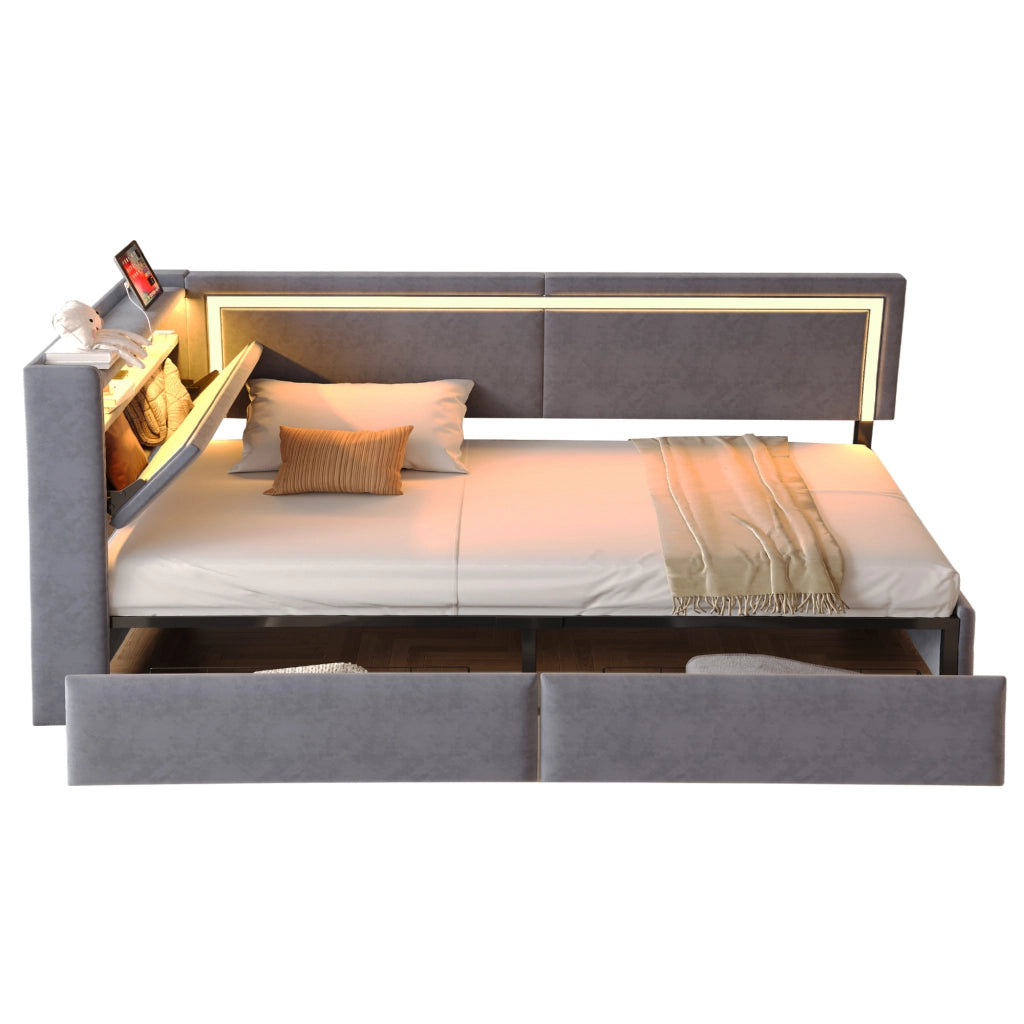 Divano letto imbottito 90×200 cm in velluto grigio scuro con testiera contenitore apribile, luci LED e porta USB, senza materasso