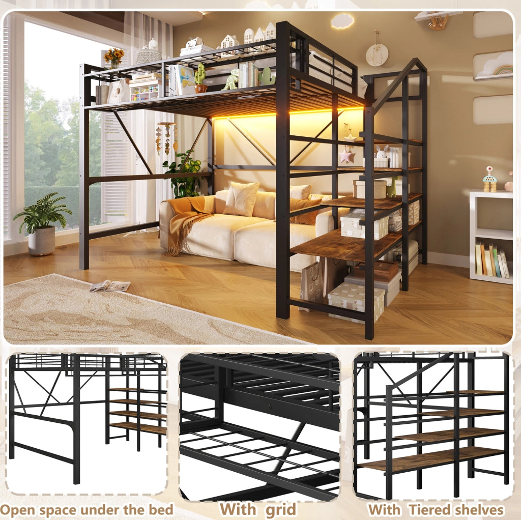 Letto a soppalco 140x200 cm con LED; scaffale a gradini e contenitore; nero