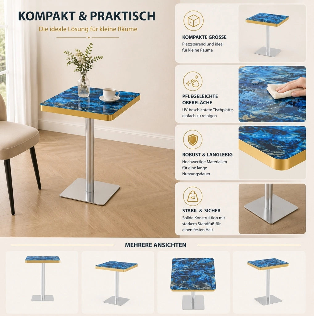 Tavolo quadrato effetto marmo blu con base in metallo