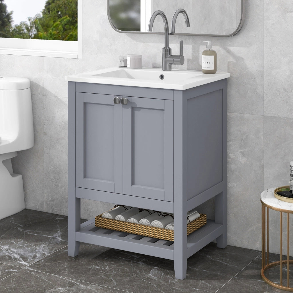 Mobile lavabo da terra con lavabo in ceramica grigio e bianco