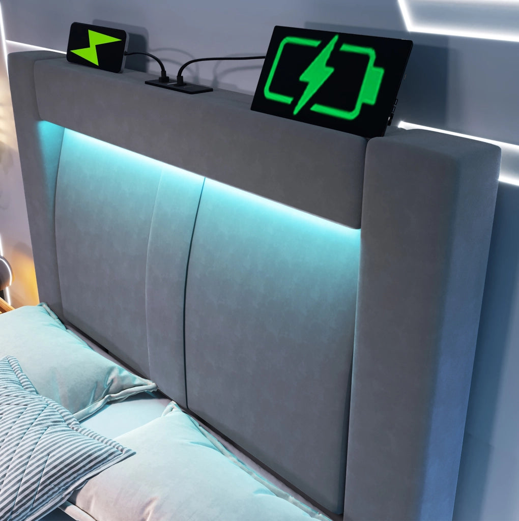 Letto singolo 90x200 cm in velluto grigio con contenitore, illuminazione LED smart e stazioni di ricarica USB e Type-C, senza materasso