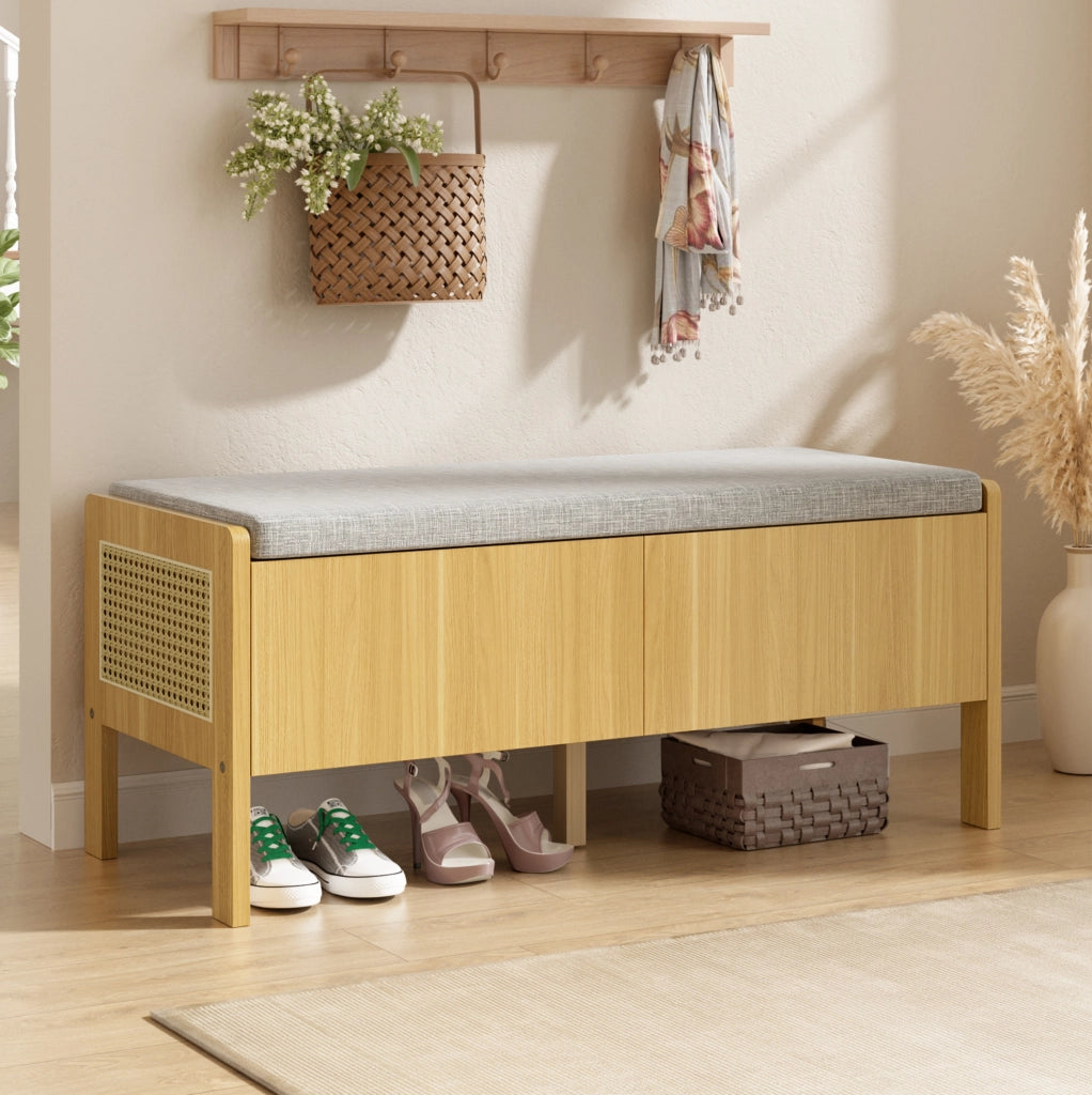 Panca contenitore 113 cm in bamb¨´ e MDF con lati in rattan grigio naturale HAVRYA