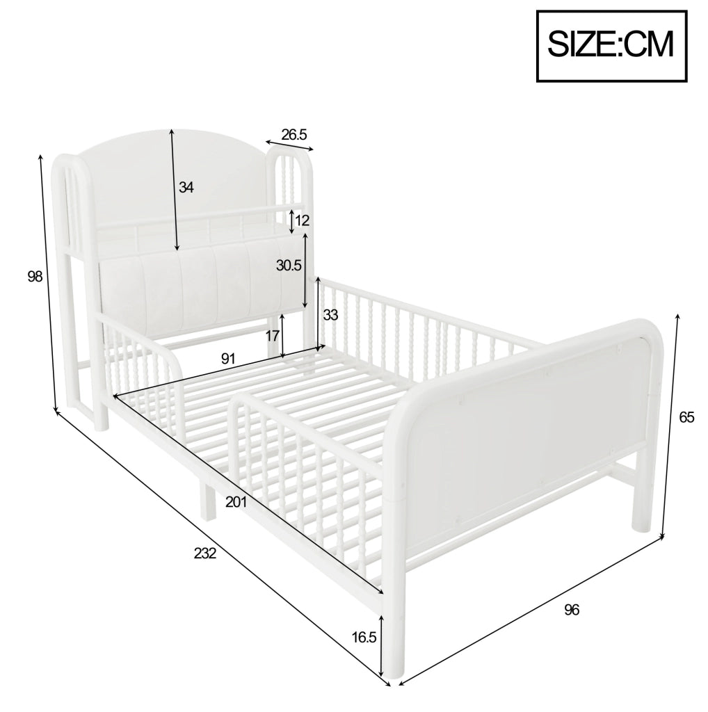 LETTO Bambini 90x200 cm Metallo Bianco con LED e Testiera Imbottita