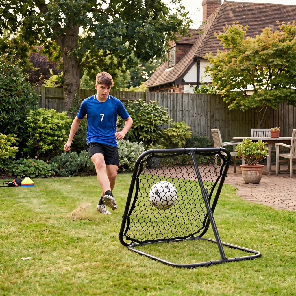 Porta da calcio pieghevole in metallo con rete da rimbalzo e 4 picchetti, Porta da calcio per pallavolo baseball e pallamano per bambini 6+ anni 101 x 96 x 101 cm