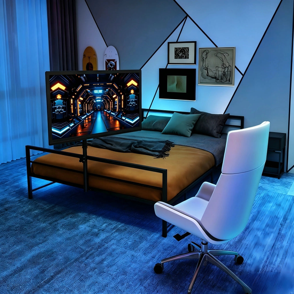 DESMIU Letto adulto in metallo nero con supporto schermo regolabile, LED, cestello portaoggetti, senza materasso