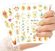 Nagelstickers a rilievo - 3st - Soli d'oro, Luna e Fiamma a forma di cuore per manicure