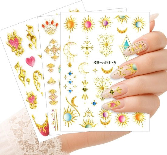 Nagelstickers a rilievo - 3st - Soli d'oro, Luna e Fiamma a forma di cuore per manicure