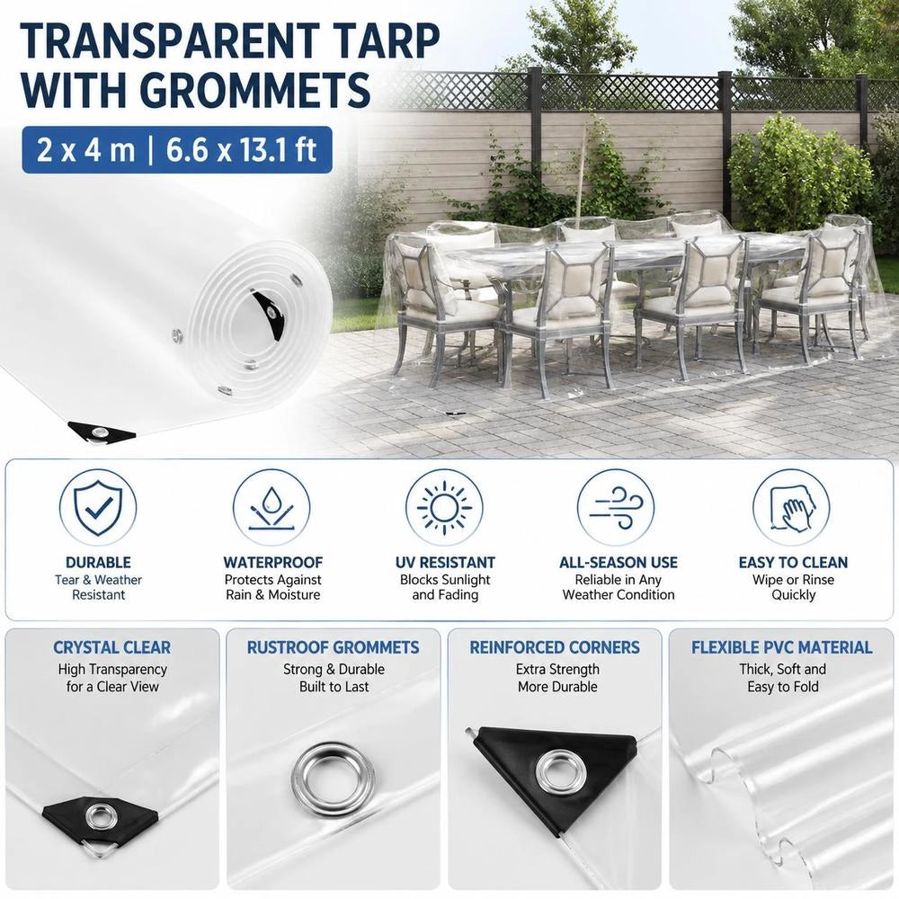 Telo trasparente con occhielli, 2x4 m, in PVC, robusto e versatile, ideale per esterni, giardino e balcone