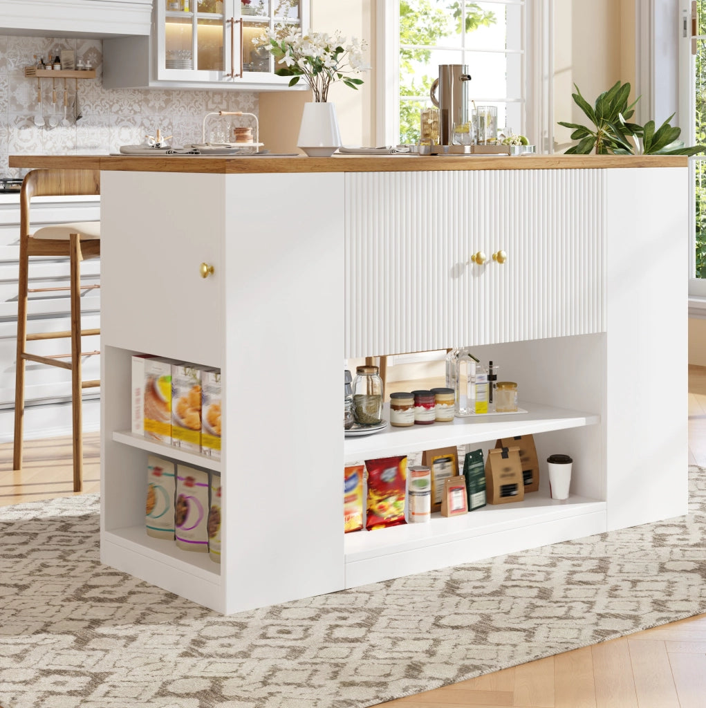 Isola cucina pieghevole bianca in MDF e metallo con ripiani e cassetti