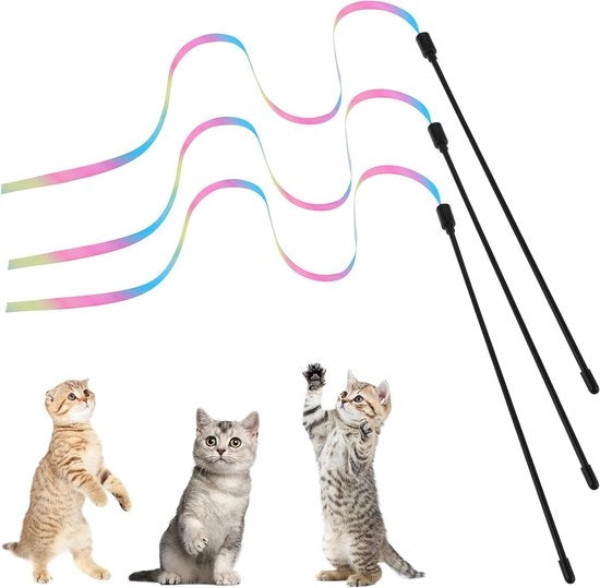 Giocattolo a Nastro Arcobaleno per Gatti Indoor 3 Pezzi Bastone di Teaser Interattivo per Gatti Adulti Nastro Colorato per Gattini Bastone di Gioco