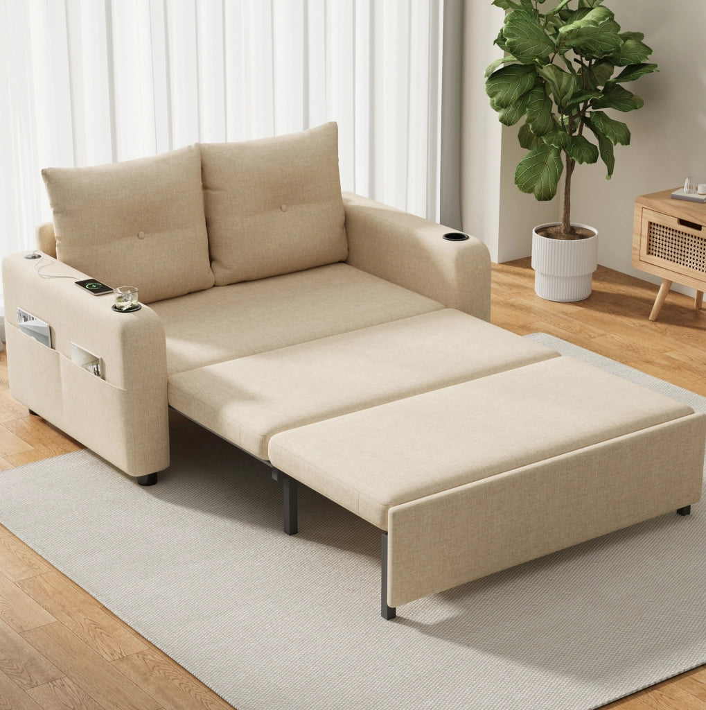 Divano Letto 3-in-1 Beige in Tessuto Effetto Lino con Porta Bicchieri e USB, 131x81x94 cm