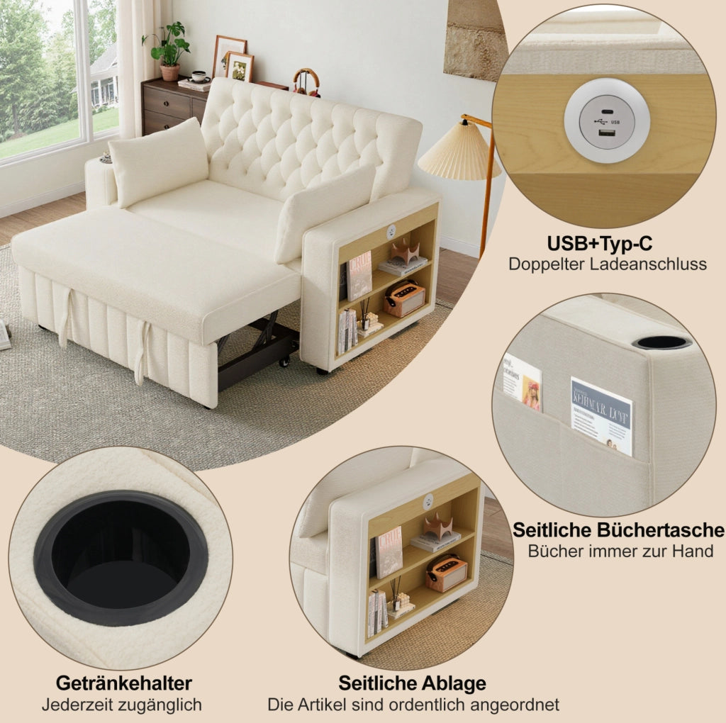 Divano Letto Multifunzionale Beige in Chenille con Contenitore, Porta USB e Porta Bicchieri, 2 Posti, 140x137x84 cm