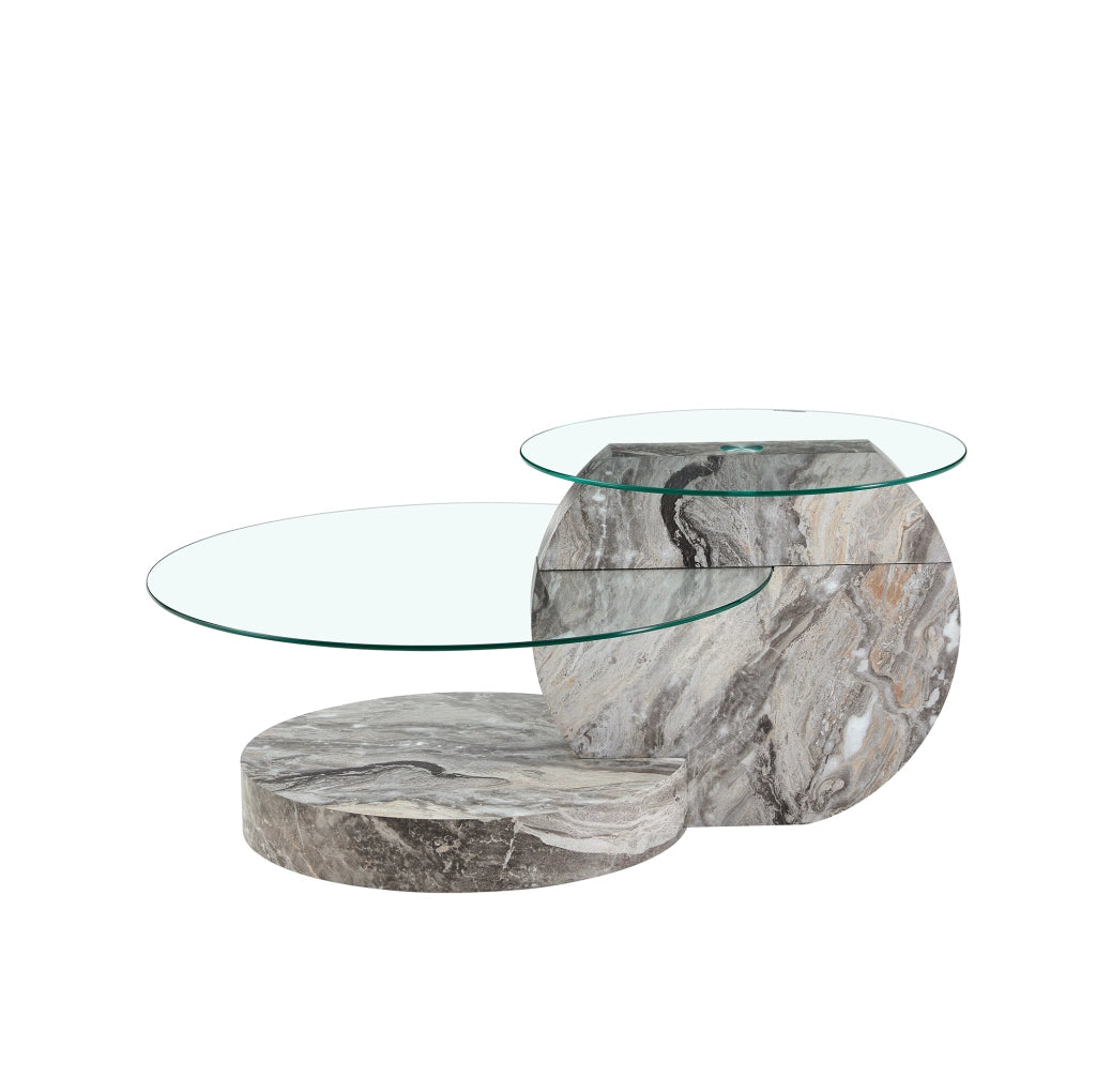 Tavolino da salotto a 2 livelli in vetro e MDF effetto marmo grigio HOMVRA